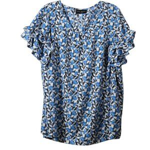 Lane Bryant 20 Women's Blouse Short Sleeve Floral Ruffle Blue White Scoop Neck